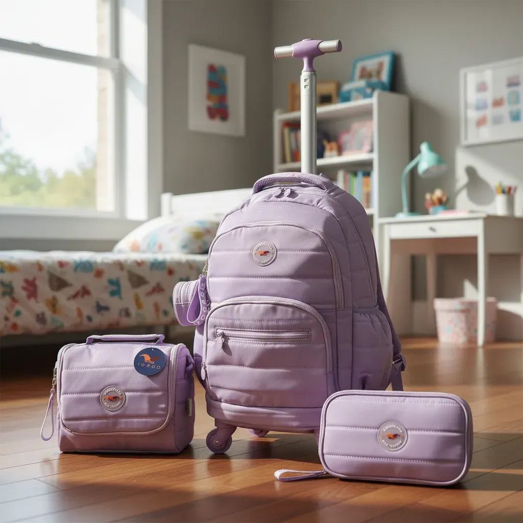 Combo Mochila Carrito 18p + Lunchera Y Cartuchera Kinderland Lila-sl2504-sl2501-sl2503