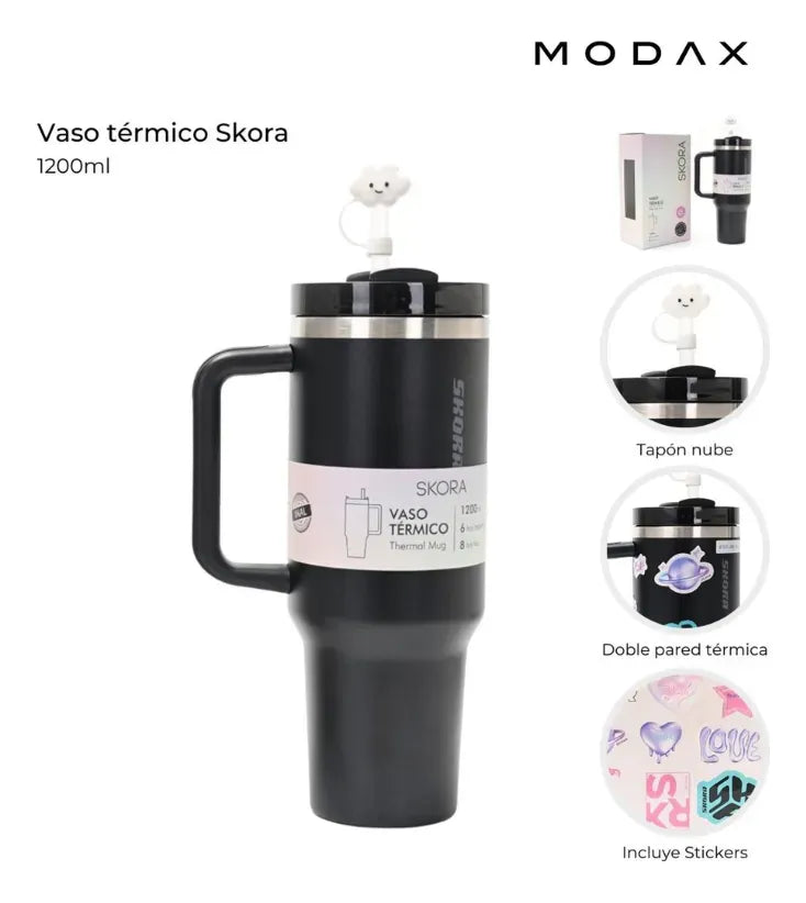 Skora Vaso termico negro con bombilla de 1200ml 37127
