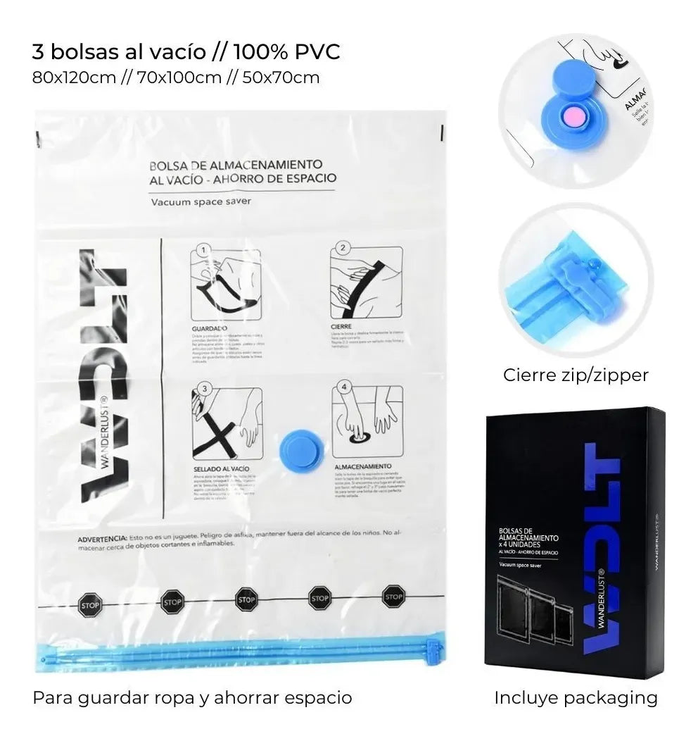 Wanderlust Bolsa al Vacio para Guardar Ropa Set de 4 pes 50x70cm Transparente 38632