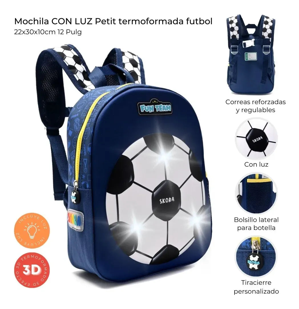 Mochila C/Luz Petit Termoformada Futbol Azul 12p 22x30x10cm 41320