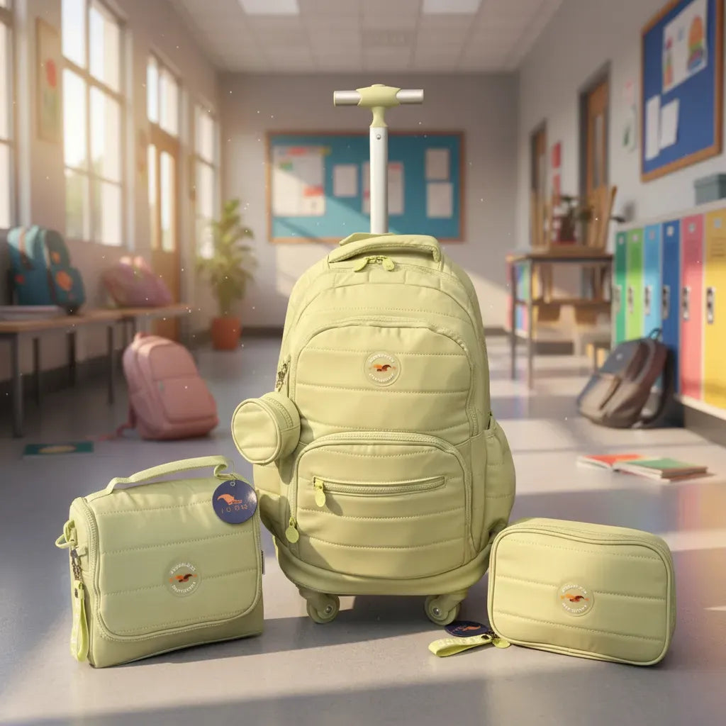 Combo Mochila Carrito 18p + Cartuchera + Lunchera Kinderland Verde-sl2504-sl2501-sl2503