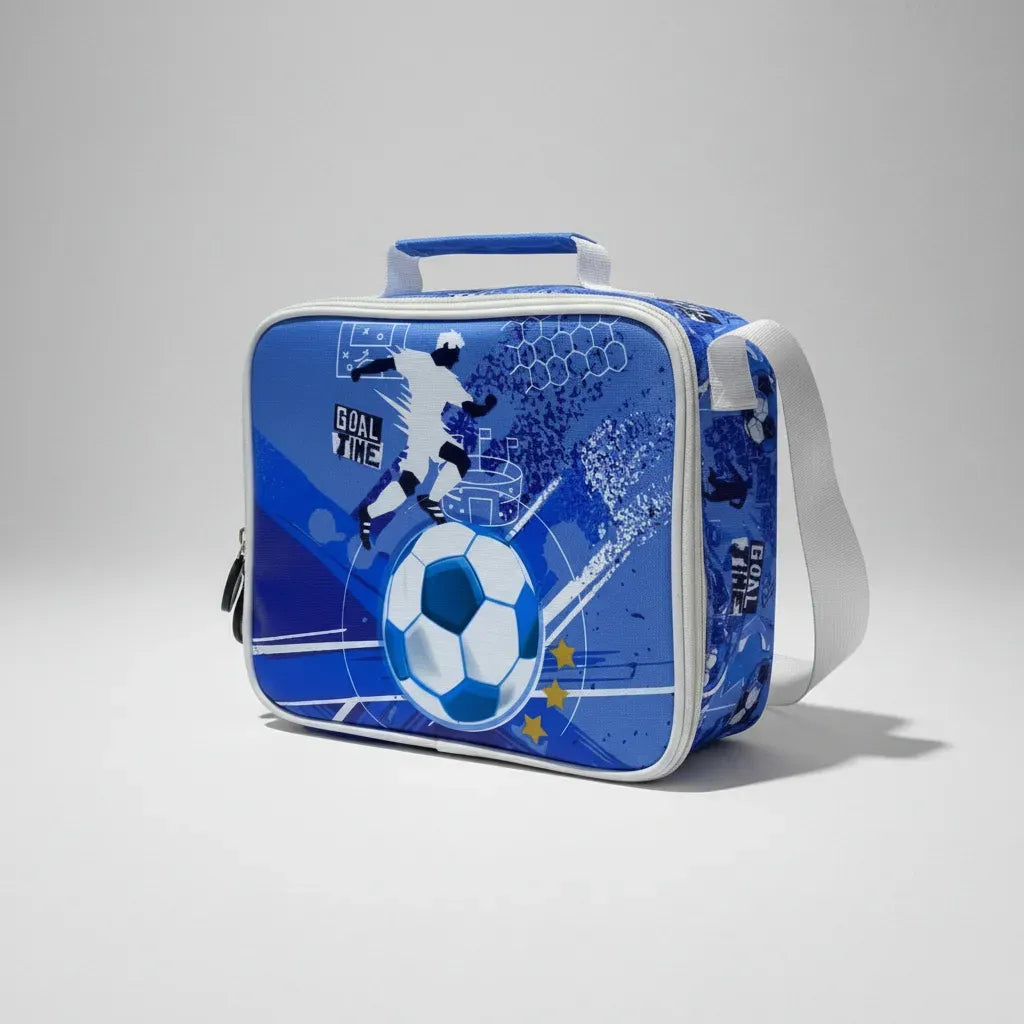 Lunchera Térmica Escolar Futbol Zykl003 Shine Celeste Con Blanco