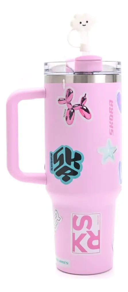 Skora Vaso Termico Con Bombilla Y Tapon Nube 1200ml Rosa 40135