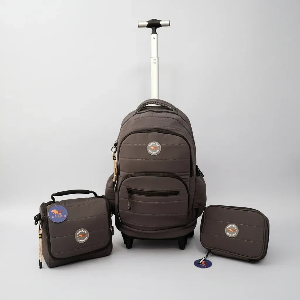 Combo Mochila 18p Carrito + Cartuchera +lunchera Kinderland Gris-sl2504-sl2501-sl2503