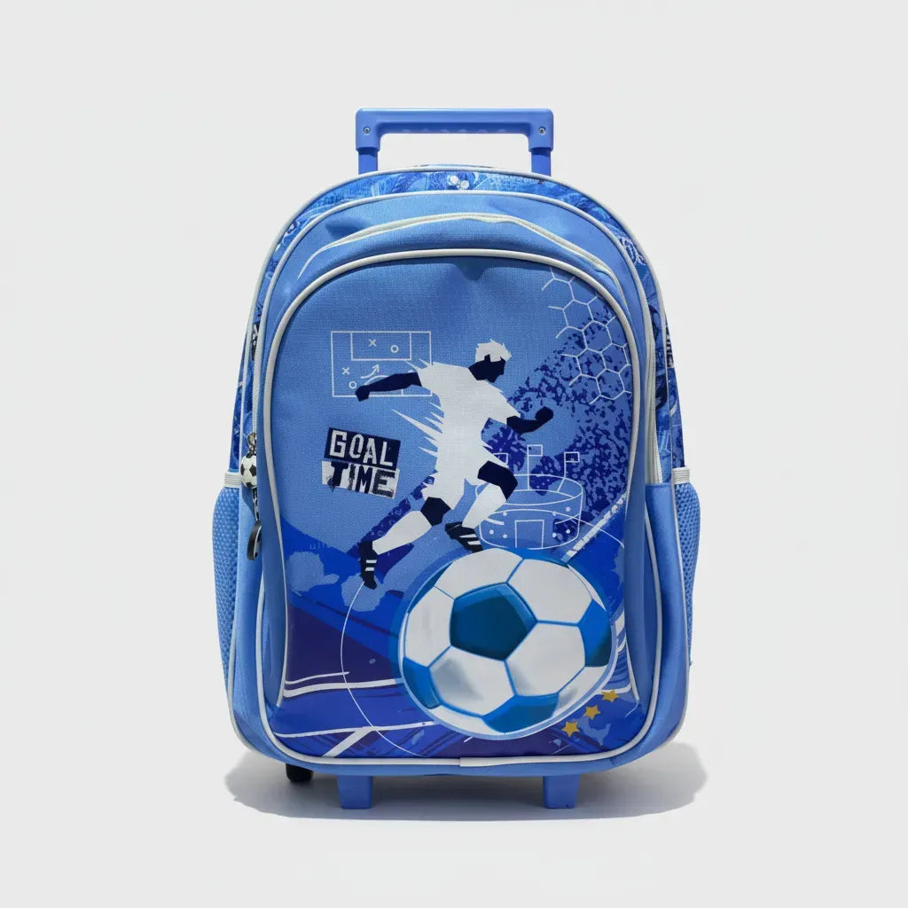 Mochila Carrito Escolar Futbol 18 Pulgadas Zykl003 Shine Celeste Y Blanco