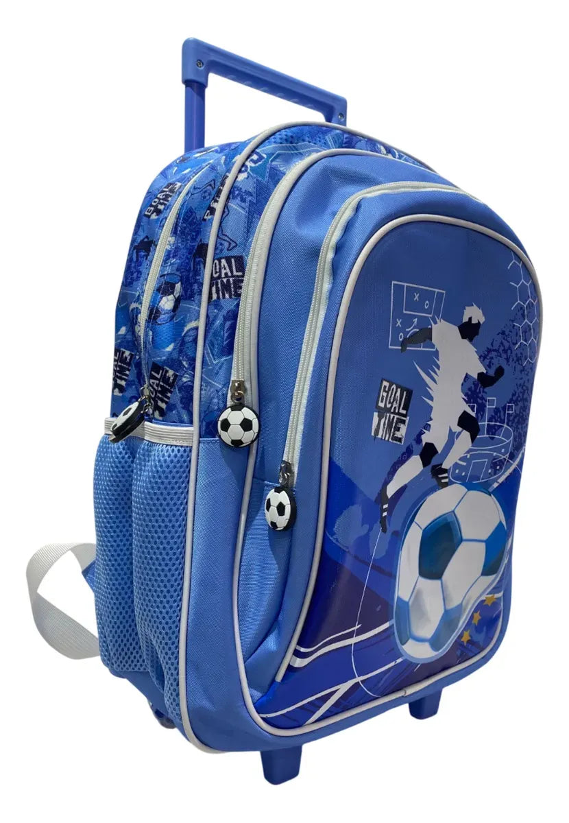 Mochila Carrito Escolar Futbol 18 Pulgadas Zykl003 Shine Celeste Y Blanco