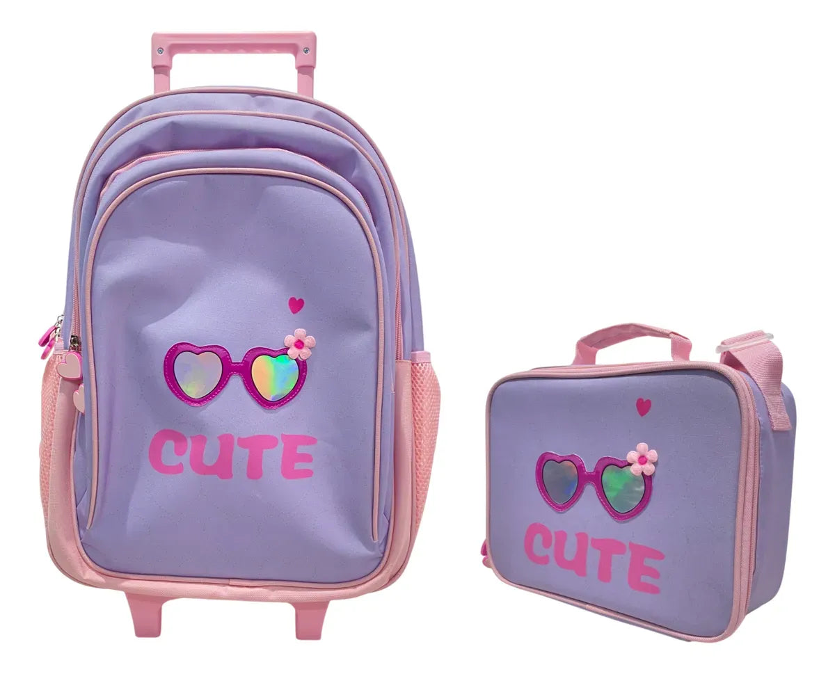 Combo Escolar Mochila Cute 18p + Lunchera Zykl007 Shine Lila Con Rosa