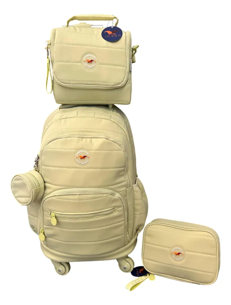 Combo Mochila Carrito 18p + Cartuchera + Lunchera Kinderland Verde-sl2504-sl2501-sl2503
