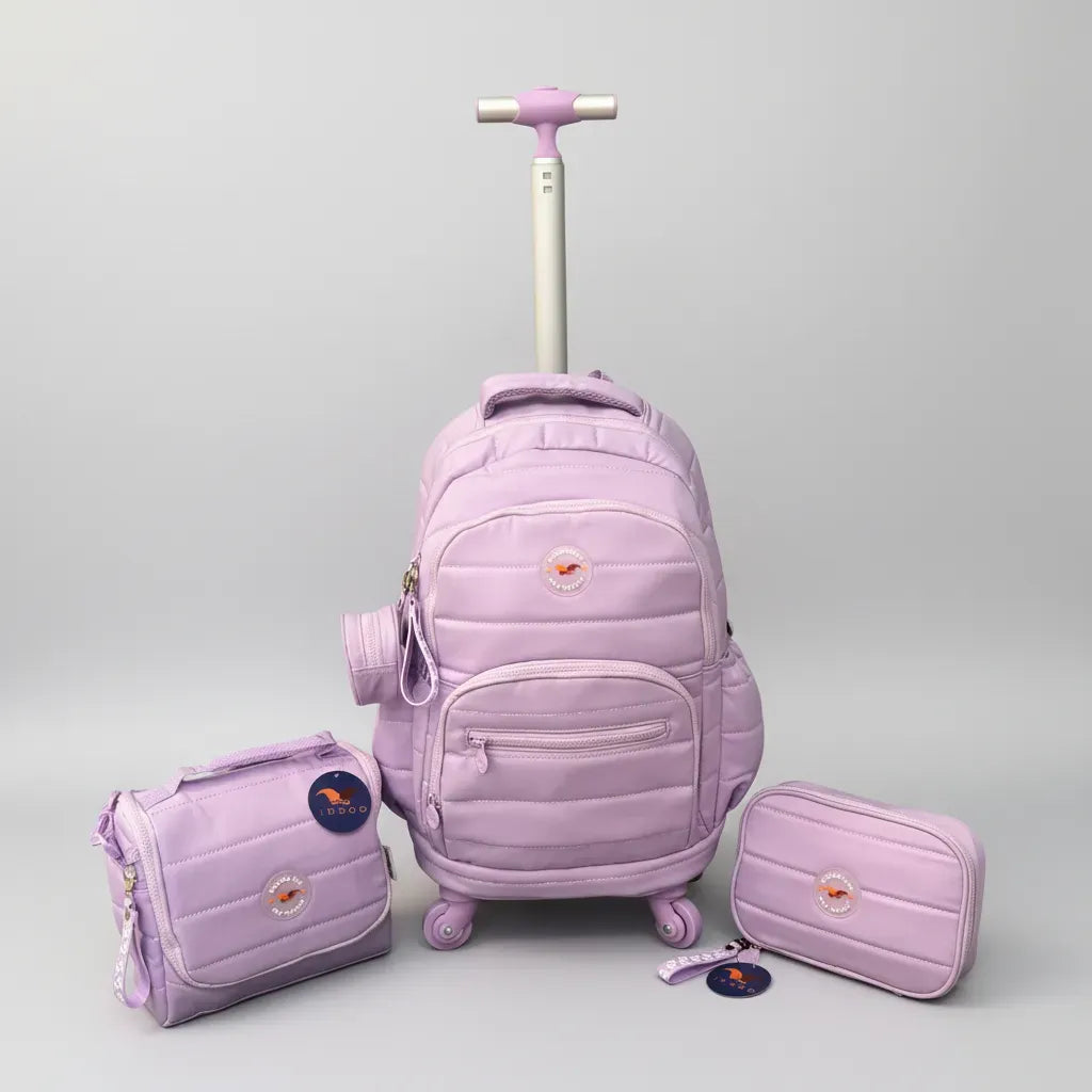 Combo Mochila Carrito 18p + Lunchera Y Cartuchera Kinderland Lila-sl2504-sl2501-sl2503