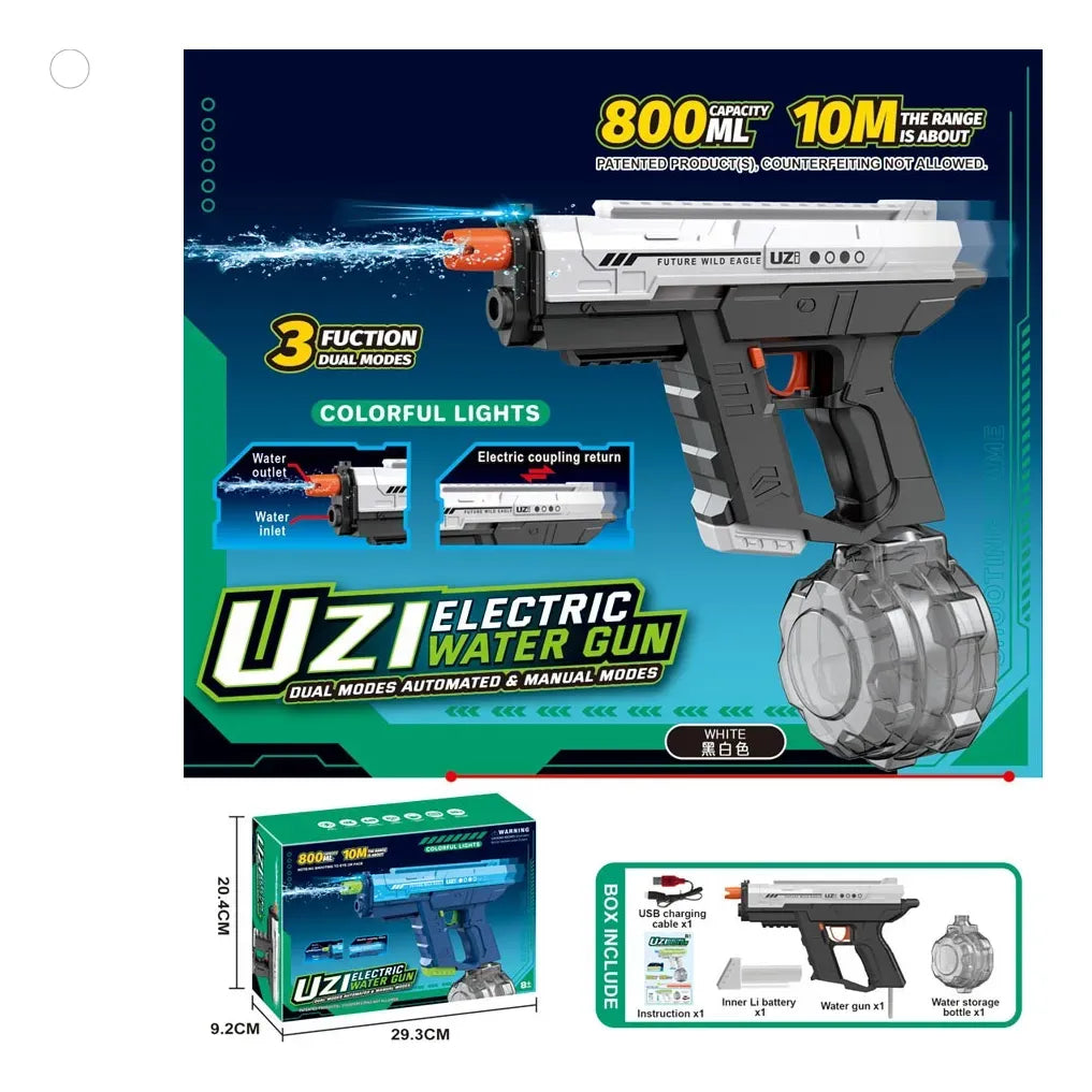 Pistola De Agua Uzi Con Luz Eléctrica Recargable NEGRA KB1323