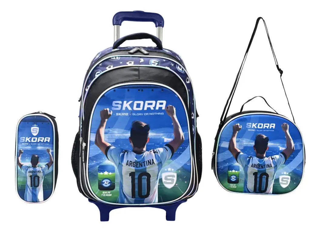 Skora Set X4 Mochila 16p, Carro, Lunchera Y Cartuchera 42929 Azul
