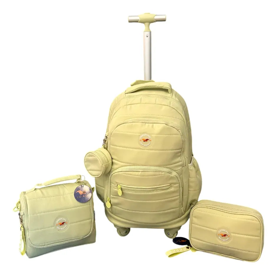 Combo Mochila Carrito 18p + Cartuchera + Lunchera Kinderland Verde-sl2504-sl2501-sl2503