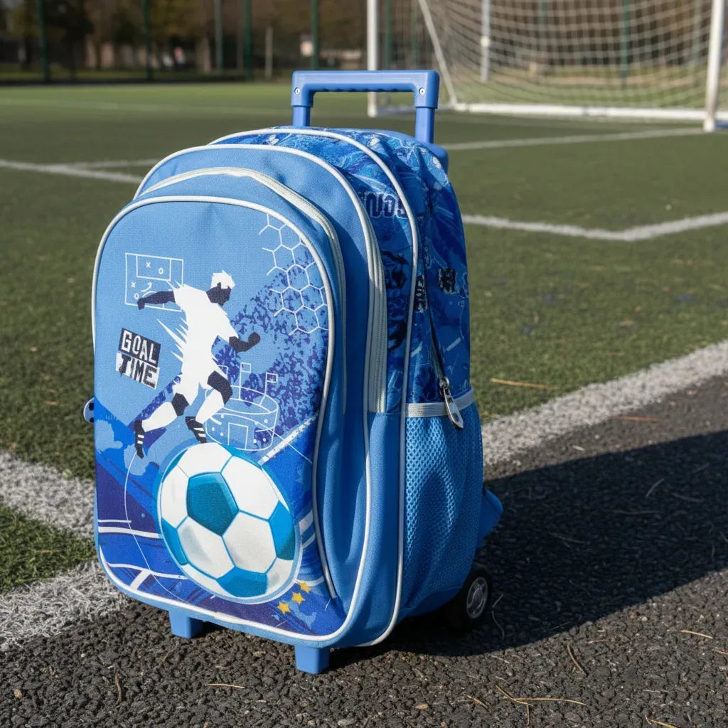 Combo Escolar Mochila 18p + Lunchera Futbol Zykl003 Shine Celeste Con Blanco