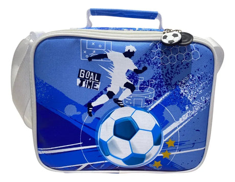 Combo Escolar Mochila 18p + Lunchera Futbol Zykl003 Shine Celeste Con Blanco