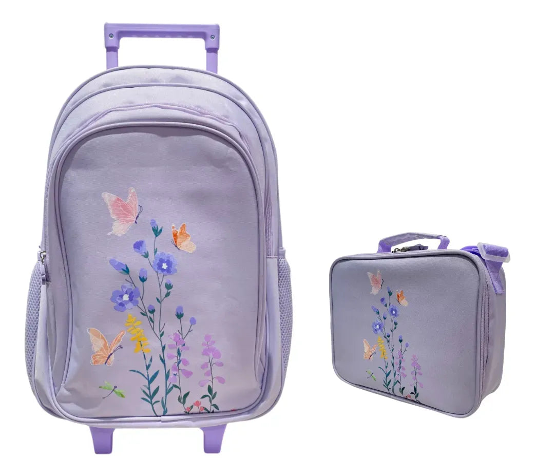 Combo Mochila Flores Lila 18p + Lunchera Zykl005 Shine Lila