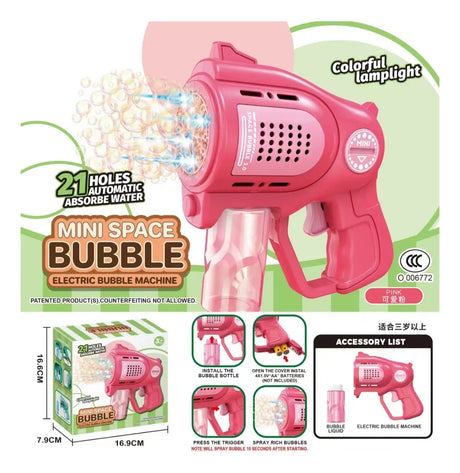 Mini Pistola Burbujero con Luces 21 Agujeros Automatica a Pila ROSA KB1322