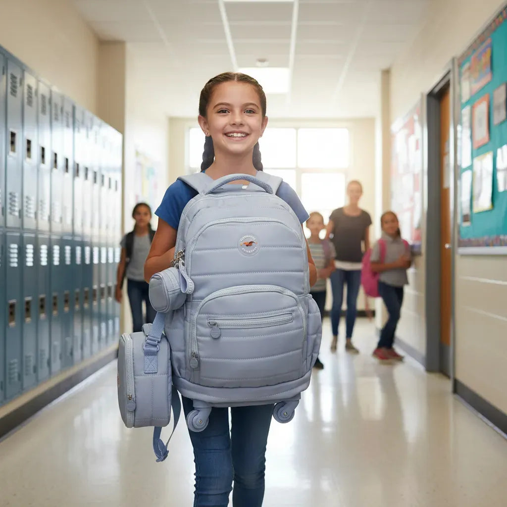 Combo Mochila 18p Carro + Lunchera + Cartuchera Kinderland Celeste