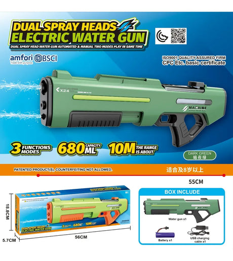 Pistola De Agua Doble Cañon Eléctrica VERDE MILITAR KB1380