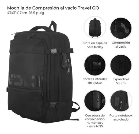Mochila De Compresion Travel Go WDLT Negra Con Cerradura 39459