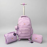 Combo Mochila Carrito 18p + Lunchera Y Cartuchera Kinderland Lila-sl2504-sl2501-sl2503