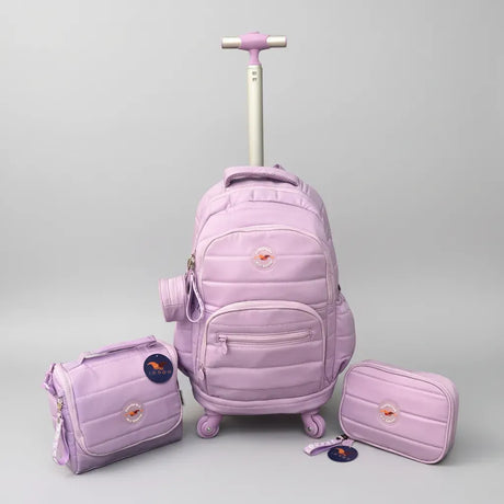 Combo Mochila Carrito 18p + Lunchera Y Cartuchera Kinderland Lila-sl2504-sl2501-sl2503