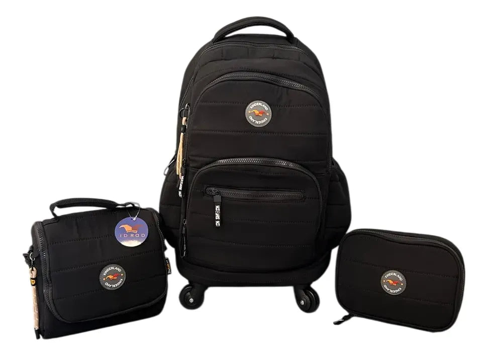 Combo Mochila 18p Carrito + Lunchera + Cartuchera Kinderland Negro-sl2504-sl2501-sl2503