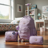 Combo Mochila Carrito 18p + Lunchera Y Cartuchera Kinderland Lila-sl2504-sl2501-sl2503