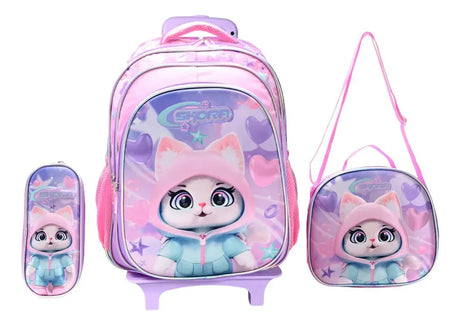 Set x4 Mochila carro con Lunchera y Cartuchera Escolar Think Happy Pets kitten 16P 42932