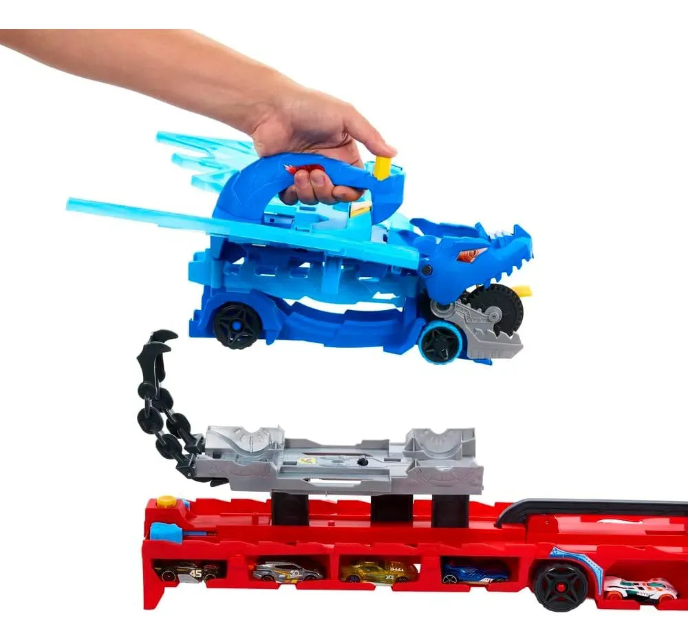 Hot Wheels Dragón Transportador con Ataque Doble + 2 Coches 1:64 JBM72