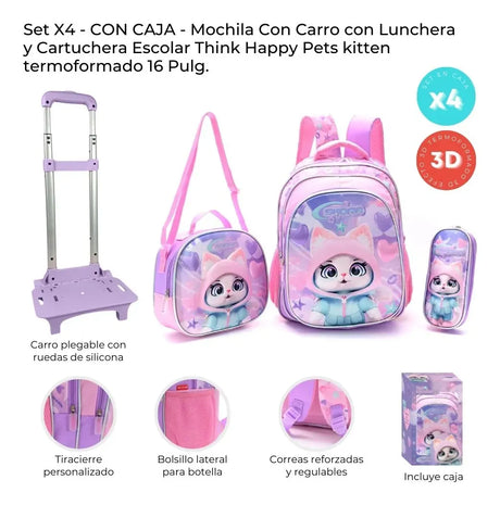 Set x4 Mochila carro con Lunchera y Cartuchera Escolar Think Happy Pets kitten 16P 42932