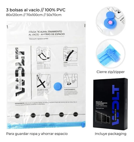 Wanderlust Bolsa al Vacio para Guardar Ropa Set de 3 pes 50x70 70x100 80x120 cm Transparente 38631