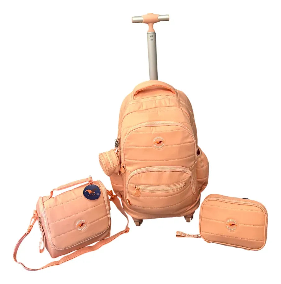 Combo Mochila Carrito 18p + Lunchera + Cartuchera Kinderland Rosa Sl2504-sl2501-sl2503
