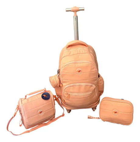 Combo Mochila Carrito 18p + Lunchera + Cartuchera Kinderland Rosa Sl2504-sl2501-sl2503