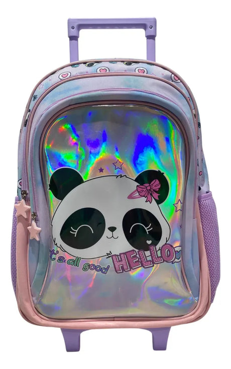 Combo Escolar Mochila Panda 18p + Lunchera Zykl004 Shine Lila Con Rosa