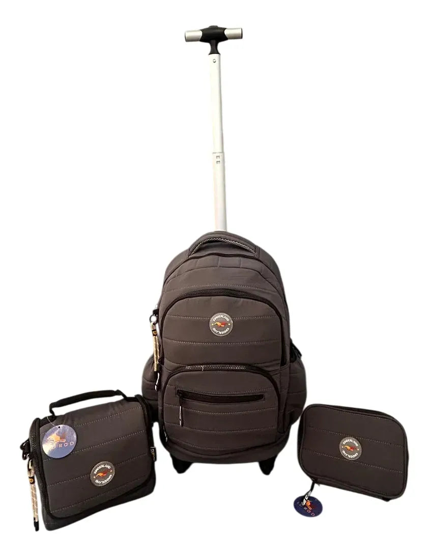 Combo Mochila 18p Carrito + Cartuchera +lunchera Kinderland Gris-sl2504-sl2501-sl2503