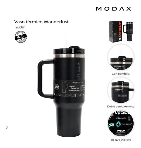 Wanderlust Vaso termico con bombilla 1200ml Negro 39430