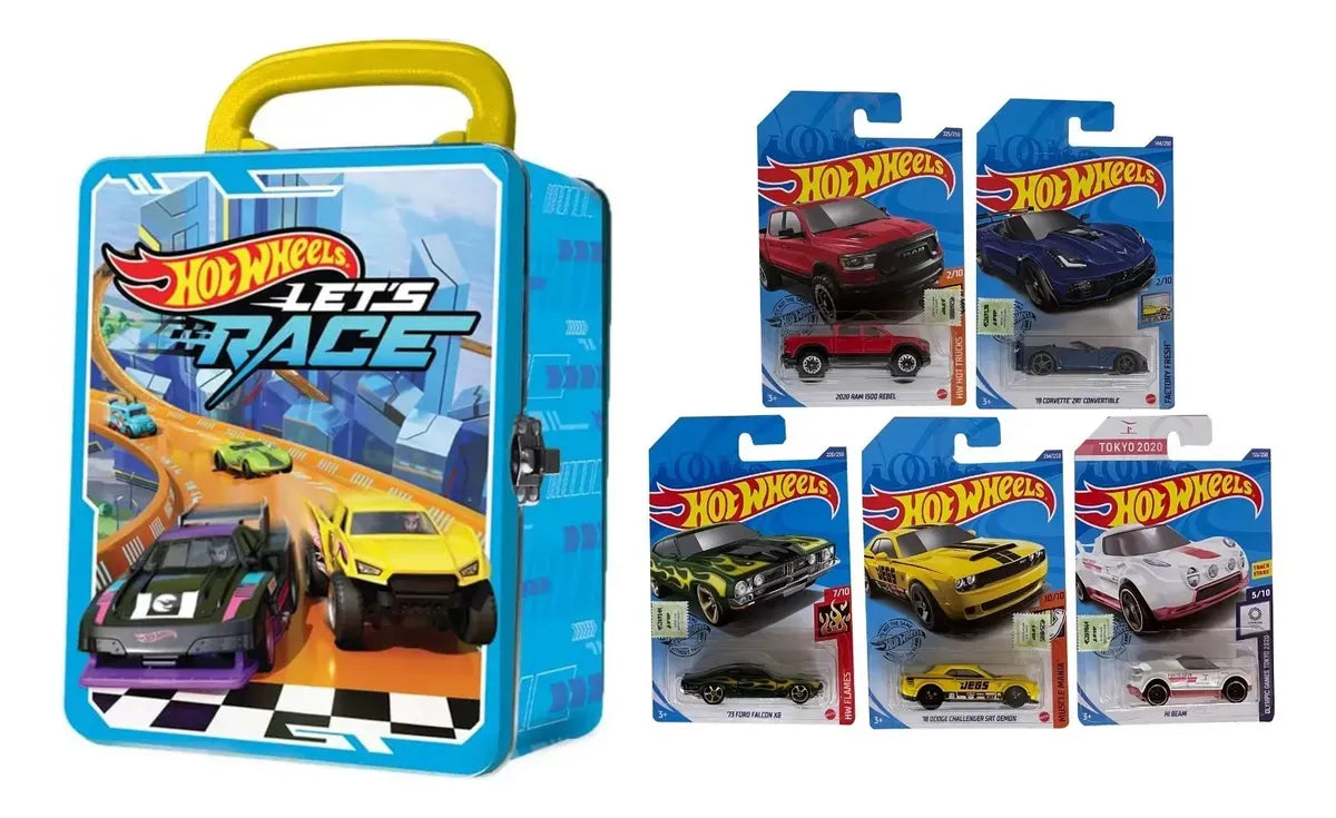 Combo 5 Autitos Hot Wheels + Lata Guardacoches Ho Hwcc2-24c