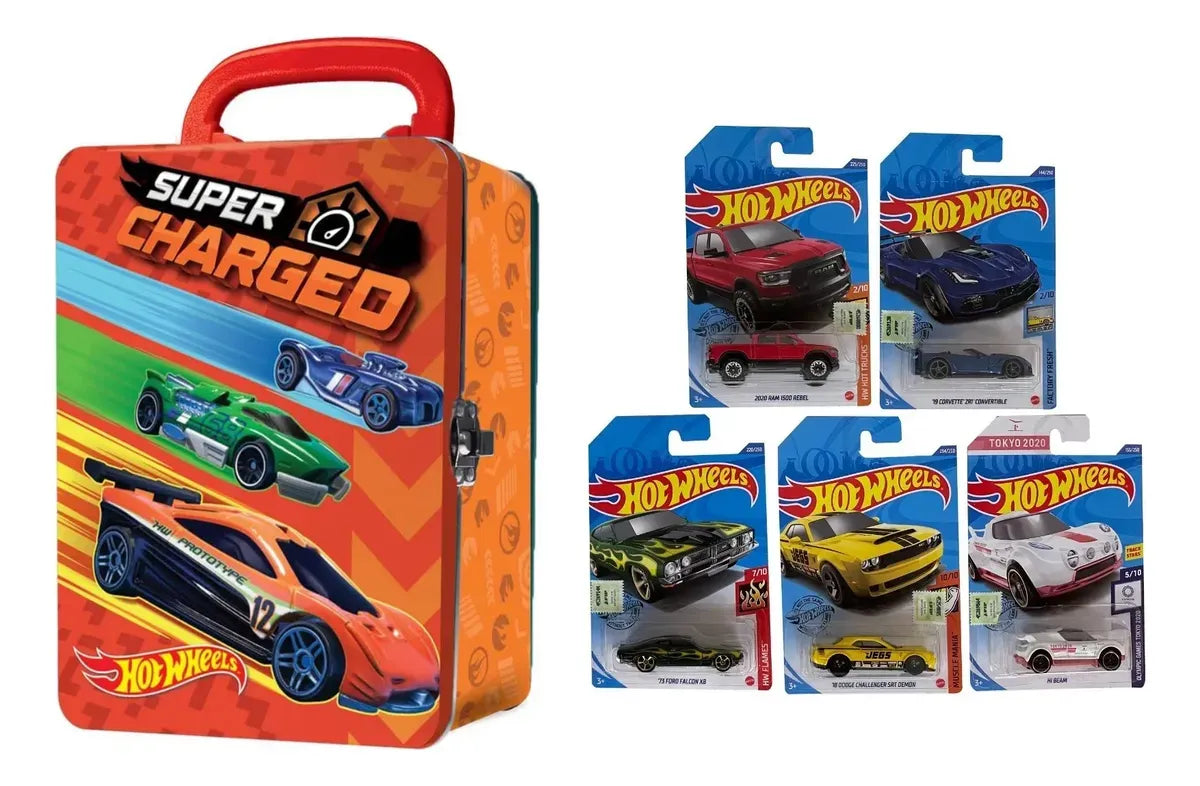 Combo 5 Autitos Hot Wheels + Lata Guardacoches Hwcc2-24r