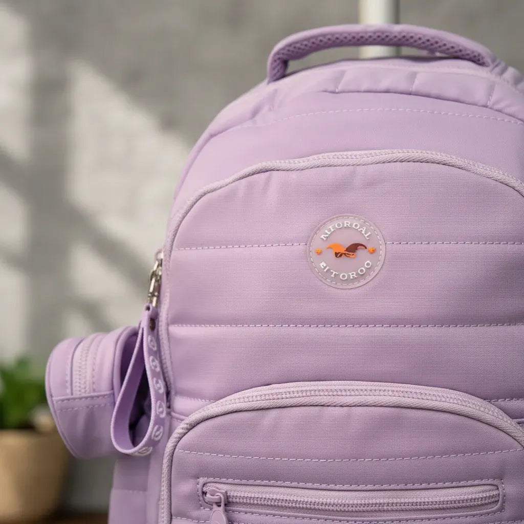 Combo Mochila Carrito 18p + Lunchera Y Cartuchera Kinderland Lila-sl2504-sl2501-sl2503