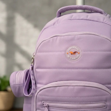 Combo Mochila Carrito 18p + Lunchera Y Cartuchera Kinderland Lila-sl2504-sl2501-sl2503