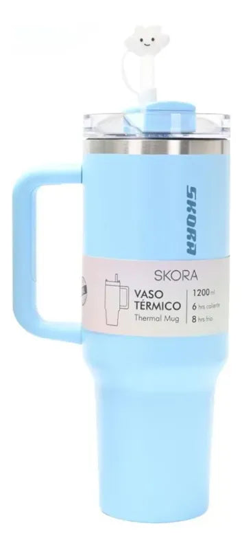 Skora Vaso termico con bombilla y tapon nube 1200ml Celeste 37126