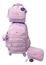 Combo Mochila Carrito 18p + Lunchera Y Cartuchera Kinderland Lila-sl2504-sl2501-sl2503