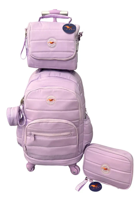 Combo Mochila Carrito 18p + Lunchera Y Cartuchera Kinderland Lila-sl2504-sl2501-sl2503