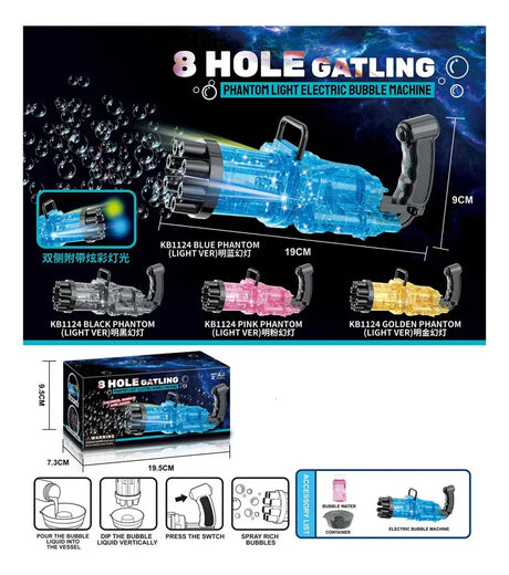 Pistola Burbujero A Pila 8 Agujeros Con Luz Kb1124 Azul Shine