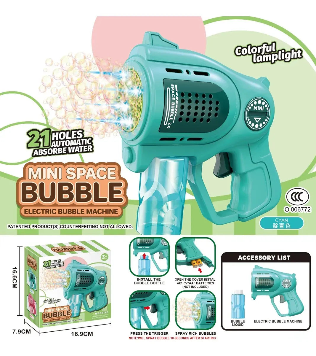Mini Pistola Burbujero Luces Automática A Pila Kb1322 Shine Azul