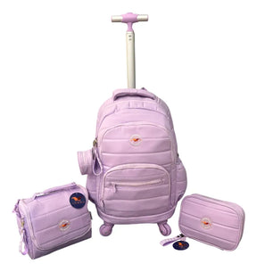 Combo Mochila Carrito 18p + Lunchera Y Cartuchera Kinderland Lila-sl2504-sl2501-sl2503
