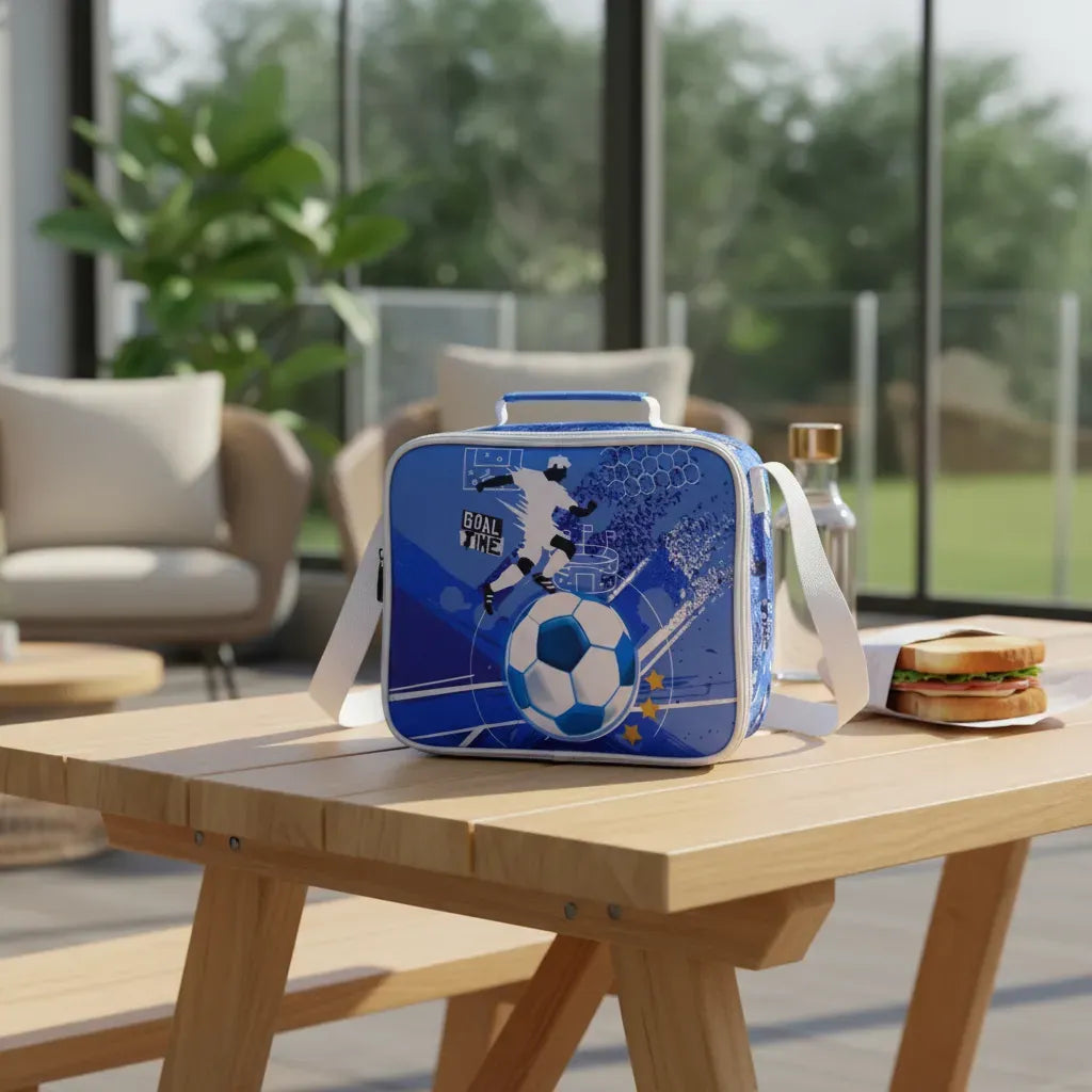 Lunchera Térmica Escolar Futbol Zykl003 Shine Celeste Con Blanco