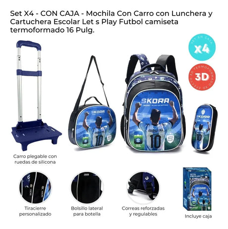 Skora Set X4 Mochila 16p, Carro, Lunchera Y Cartuchera 42929 Azul