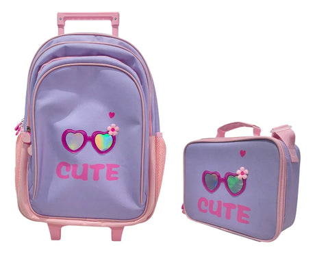Combo Escolar Mochila Cute 18p + Lunchera Zykl007 Shine Lila Con Rosa
