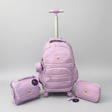 Combo Mochila Carrito 18p + Lunchera Y Cartuchera Kinderland Lila-sl2504-sl2501-sl2503
